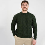 Men's Merino Aran Sweater, Green Front View Creative Irish Gifts