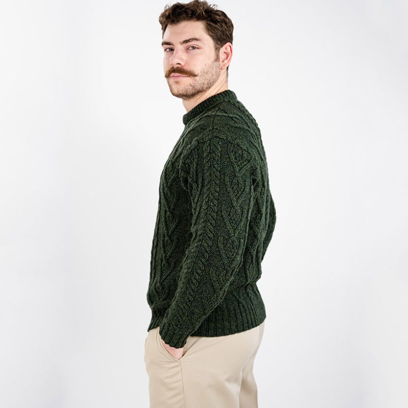 Men's Merino Aran Sweater, Green Side View Creative Irish Gifts