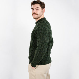 Men's Merino Aran Sweater, Green Side View Creative Irish Gifts