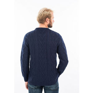 Men's Merino Aran Sweater, Navy Back View Creative Irish Gifts