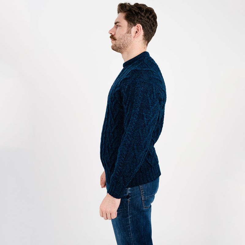 Men's Merino Aran Sweater, Blue Side View Creative Irish Gifts