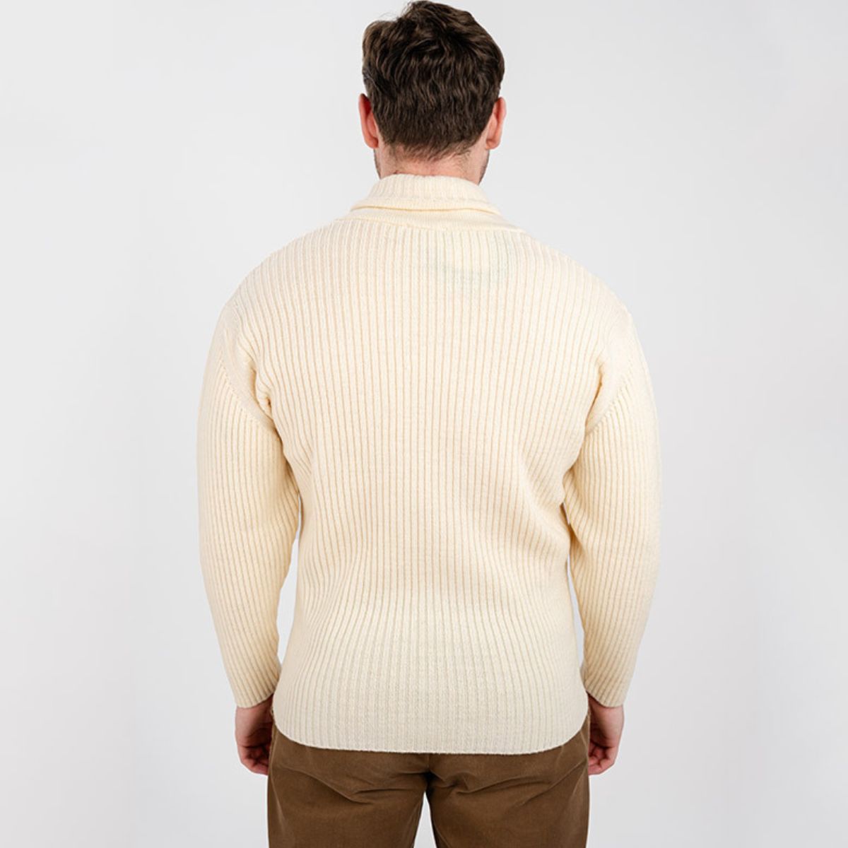 Men's Merino Shawl Collar Fisherman Sweater White Back View Creative Irish Gift
