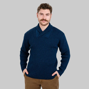 Men's Merino Shawl Collar Fisherman Sweater Navy Front View Creative Irish Gift 