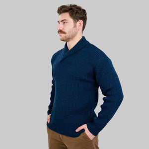 Men's Merino Shawl Collar Fisherman Sweater Navy side view Creative Irish Gift