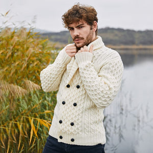 MM225-101 Men's Aran Wool Cardigan with Shawl Collar White Lifestyle Side View Creative Irish Gifts
