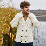 MM225-101 Men's Aran Wool Cardigan with Shawl Collar White Lifestyle Creative Irish Gifts
