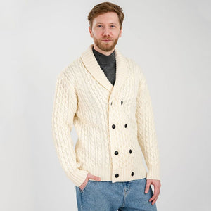 MM225-101 Men's Aran Wool Cardigan with Shawl Collar White studio Front View Creative Irish Gifts

