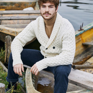 MM225-101 Men's Aran Wool Cardigan with Shawl Collar White Creative Irish Gifts
