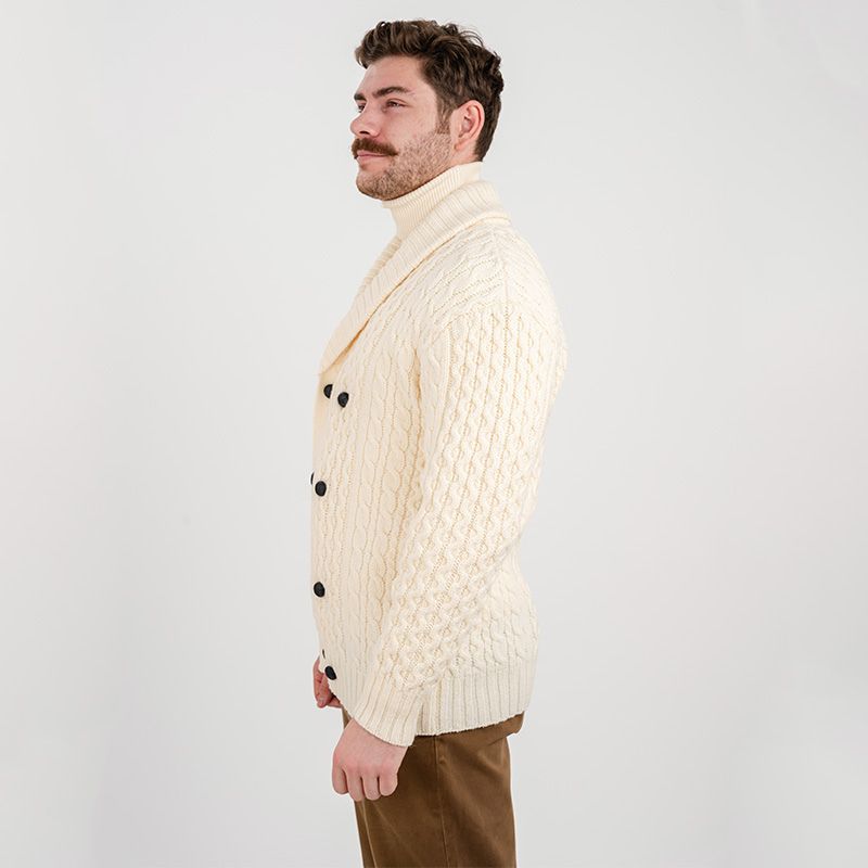 MM225-101 Men's Aran Wool Cardigan with Shawl Collar White Side View Creative Irish Gifts

