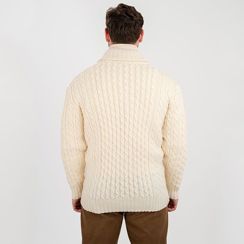 MM225-101 Men's Aran Wool Cardigan with Shawl Collar White Back View Creative Irish Gifts
