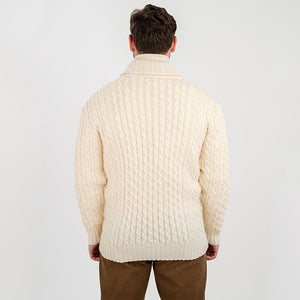 MM225-101 Men's Aran Wool Cardigan with Shawl Collar White Back View Creative Irish Gifts
