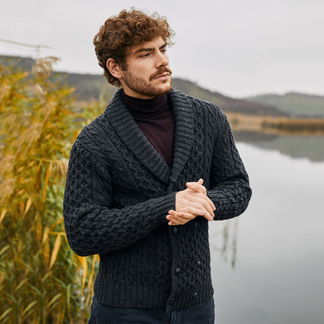 MM225-101 Men's Aran Wool Cardigan with Shawl Collar Creative Irish Gifts
