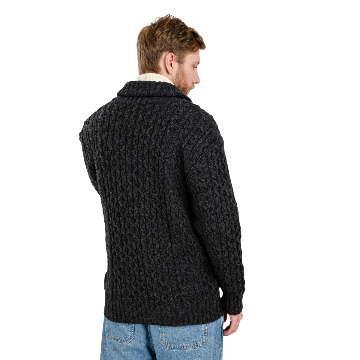 MM225-101 Men's Aran Wool Cardigan with Shawl Collar Creative Irish Gifts Back View

