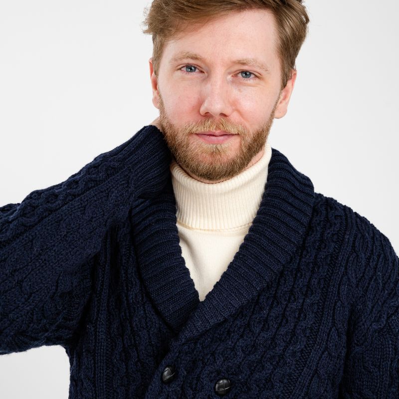 MM225-101 Men's Aran Wool Cardigan with Shawl Collar Navy Creative Irish Gifts
