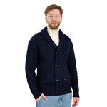 MM225-101 Men's Aran Wool Cardigan with Shawl Collar Navy Front View Creative Irish Gifts
