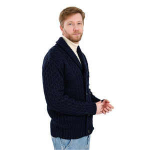 MM225-101 Men's Aran Wool Cardigan with Shawl Collar Navy Side View Creative Irish Gifts
