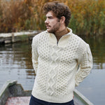 Men's Shawl Collar Fisherman Sweater, White Lifestyle Creative Irish Gifts