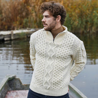 Men's Shawl Collar Fisherman Sweater, White Lifestyle Creative Irish Gifts