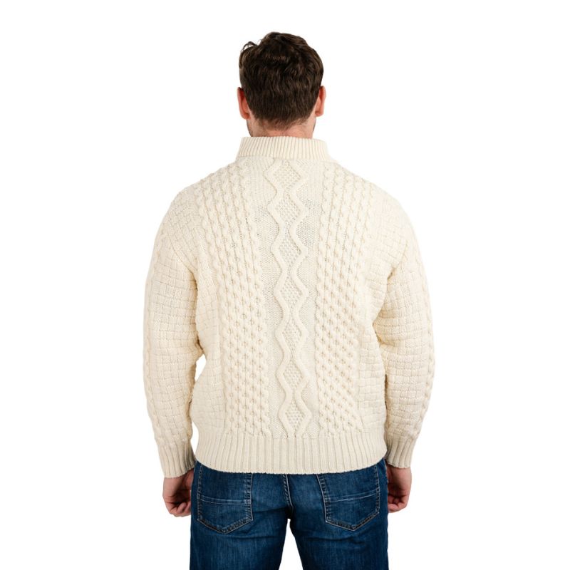 Men's Shawl Collar Fisherman Sweater, White Back View Creative Irish Gifts