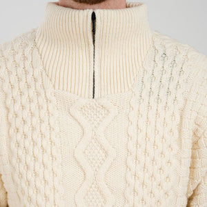 Men's Shawl Collar Fisherman Sweater, White Front View Creative Irish Gifts