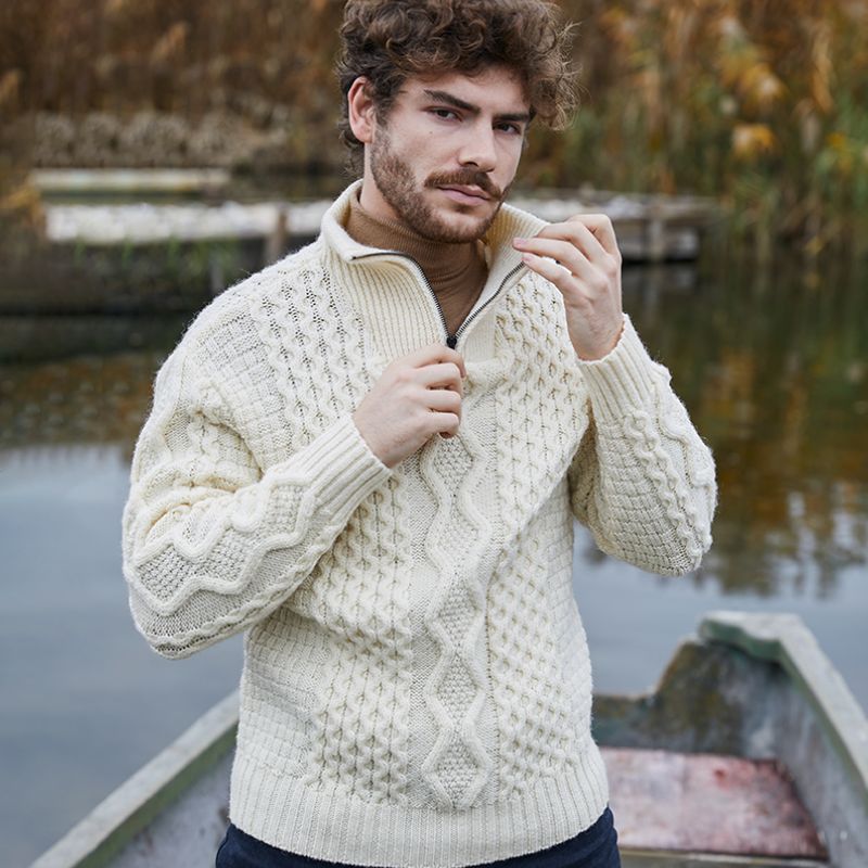 Men's Shawl Collar Fisherman Sweater, White Creative Irish Gifts