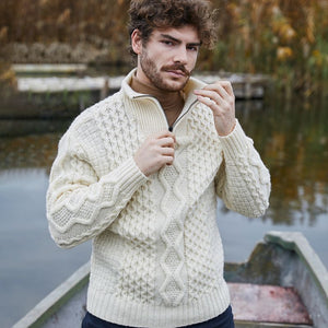 Men's Shawl Collar Fisherman Sweater, White Creative Irish Gifts
