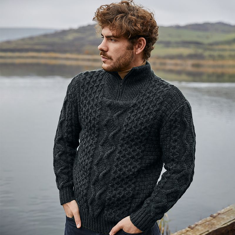 Men's Shawl Collar Fisherman Sweater, Charcoal Lifestyle Creative Irish Gifts