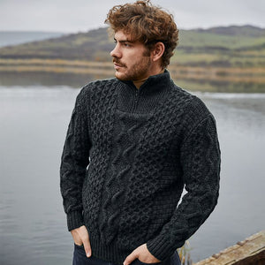 Men's Shawl Collar Fisherman Sweater, Charcoal Lifestyle Creative Irish Gifts