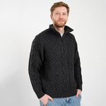 Men's Shawl Collar Fisherman Sweater, Charcoal Front View Creative Irish Gifts