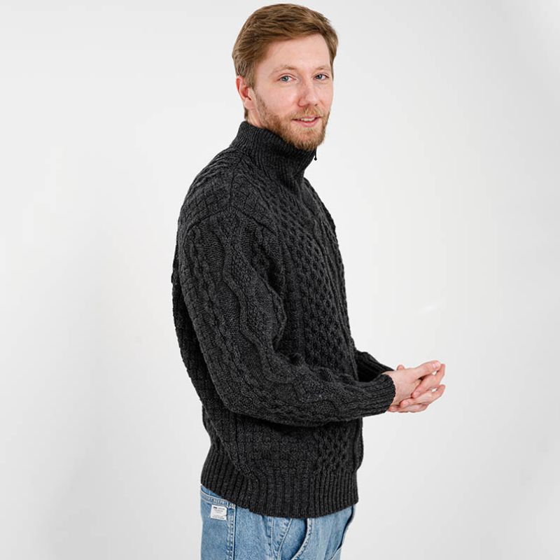 Men's Shawl Collar Fisherman Sweater, Charcoal Side View Creative Irish Gifts