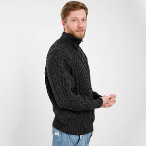 Men's Shawl Collar Fisherman Sweater, Charcoal Side View Creative Irish Gifts