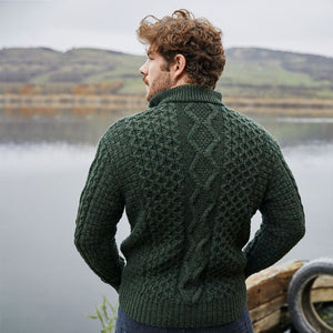 Men's Shawl Collar Fisherman Sweater, Green Back View Creative Irish Gifts