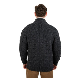 MM903-101 Men's Aran Cable Shawl Neck Zip Cardigan Gray Back Creative Irish gift