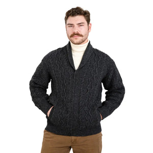 MM903-101 Men's Aran Cable Shawl Neck Zip Cardigan Gray Lifetyle-Creative Irish gift