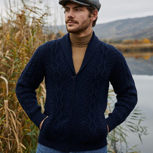 Men's Aran Cable Shawl Neck Zip Cardigan, Navy Lifestyle Creative Irish Gift