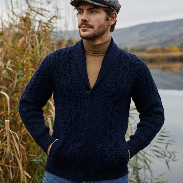 Men's Aran Cable Shawl Neck Zip Cardigan, Navy Lifestyle Creative Irish Gift