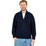 Men's Aran Cable Shawl Neck Zip Cardigan, Navy Front View Creative Irish Gift