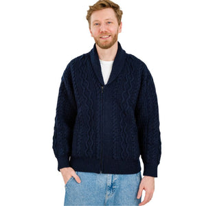 Men's Aran Cable Shawl Neck Zip Cardigan, Navy Front View Creative Irish Gift