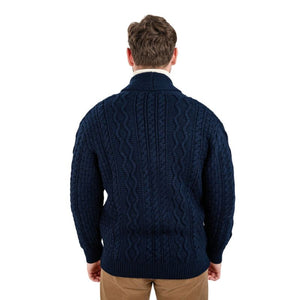 Men's Aran Cable Shawl Neck Zip Cardigan, Navy Back View Creative Irish Gift