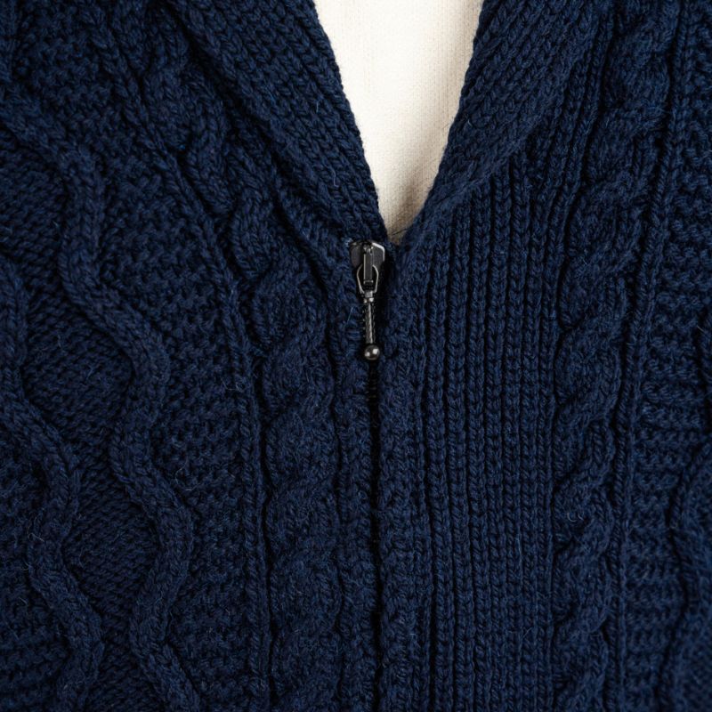Men's Aran Cable Shawl Neck Zip Cardigan, Navy Creative Irish Gift