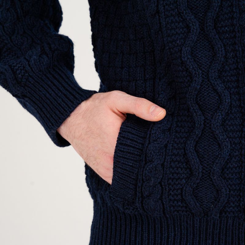 Men's Aran Cable Shawl Neck Zip Cardigan, Navy Studio Creative Irish Gift