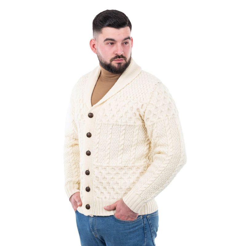 Men's Aran Shawl Neck Merino Cardigan, White Side View Creative Irish Gift