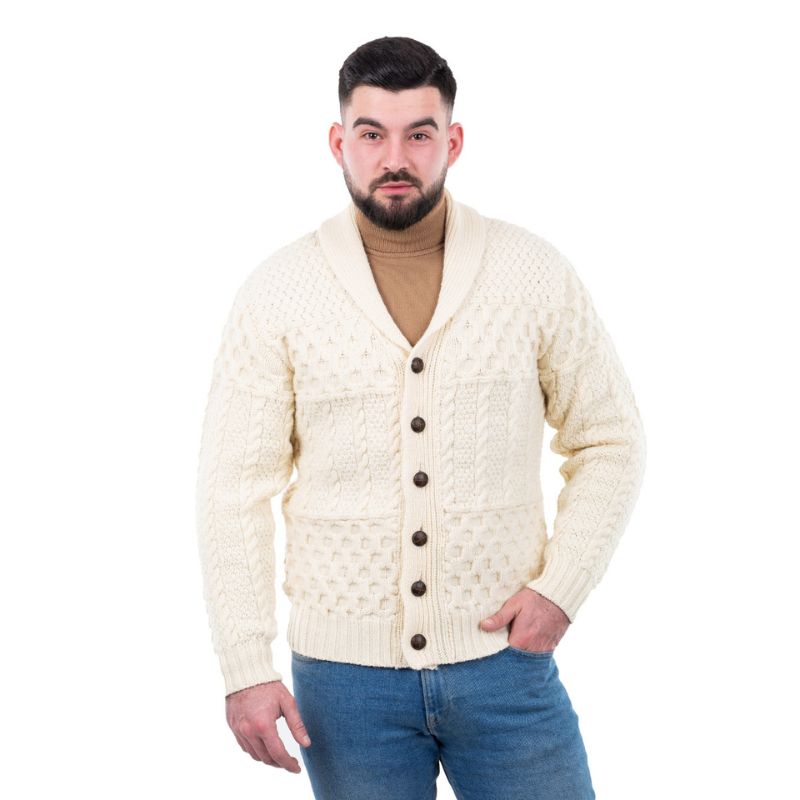 Men's Aran Shawl Neck Merino Cardigan, White Front View Creative Irish Gift