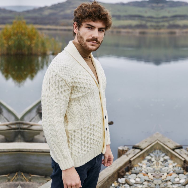 Men's Aran Shawl Neck Merino Cardigan, White Lifestyle Creative Irish Gift