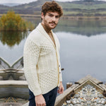 Men's Aran Shawl Neck Merino Cardigan, White Lifestyle Creative Irish Gift