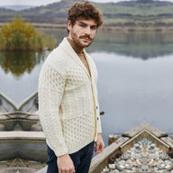 Men's Aran Shawl Neck Merino Cardigan, White Lifestyle Creative Irish Gift