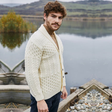 Men's Aran Shawl Neck Merino Cardigan, White Lifestyle Creative Irish Gift