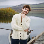 100% Wool Aran Shawl Neck Button Cardigan