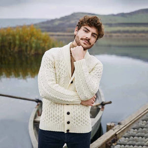 100% Wool Aran Shawl Neck Button Cardigan