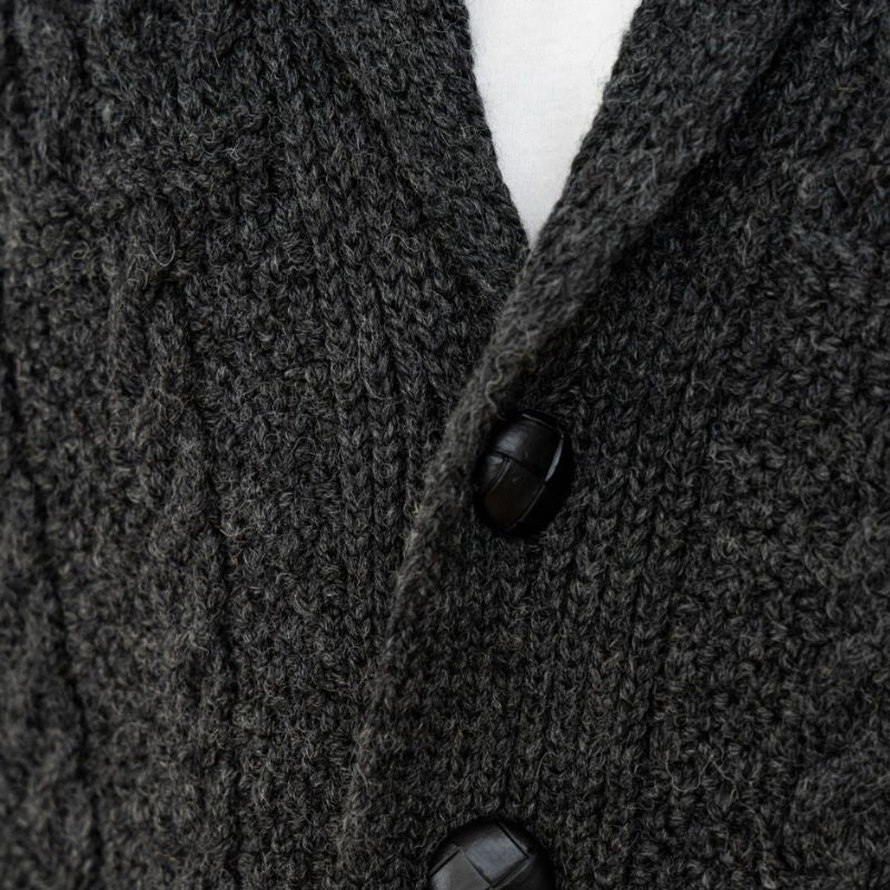 Men's Aran Shawl Neck Merino Cardigan, Charcoal Studio Creative Irish Gift